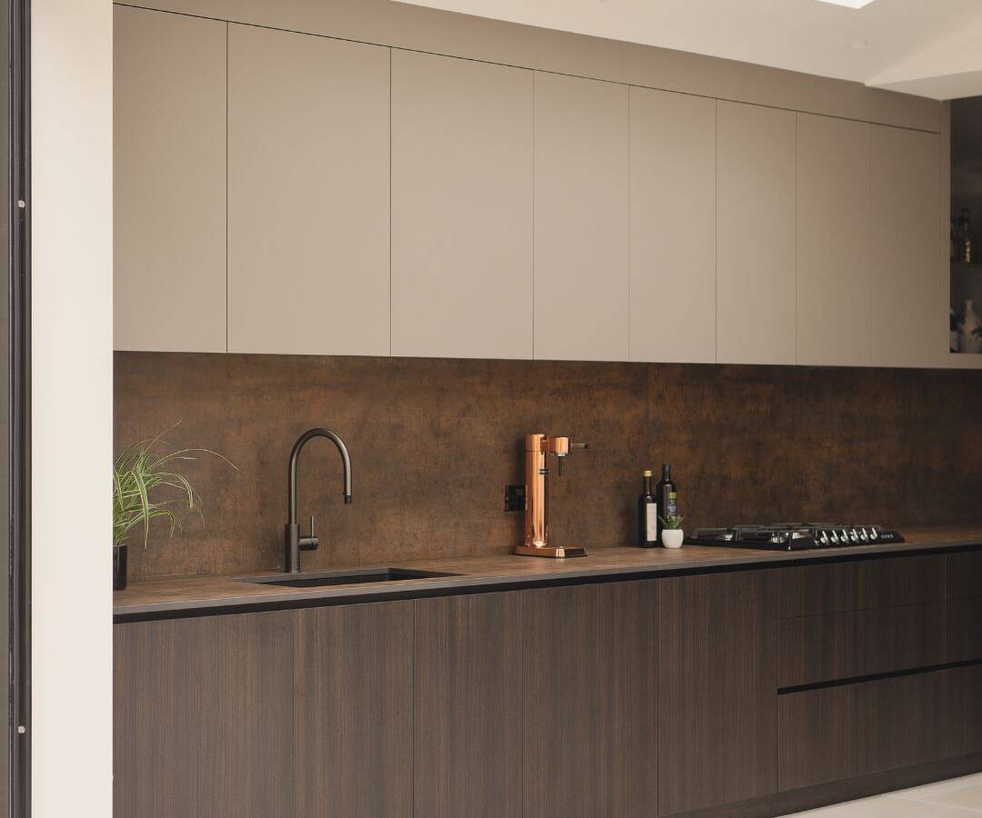 Detailed shot of premium bespoke joinery and custom kitchen cabinets crafted for a residential extension in Stratford.